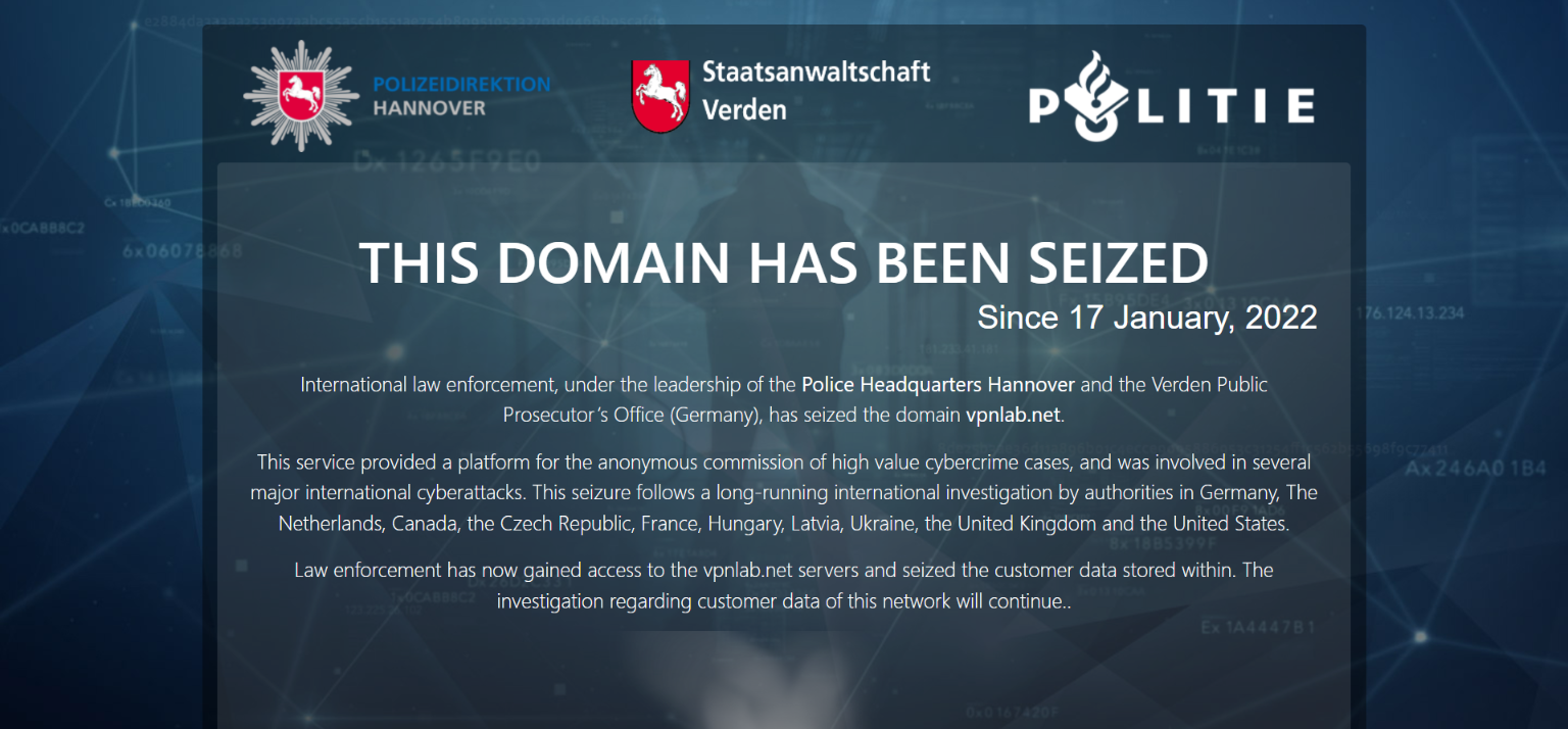 European Police & FBI seized VPN service & computer servers used by hackers VPN LAB domain has been seized