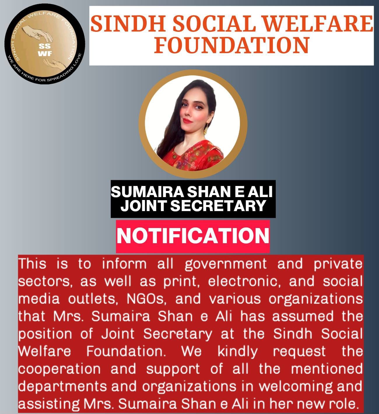 Appointment of Mrs. Sumaira Shan e Ali as Joint Secretary at the Sindh Social Welfare Foundation