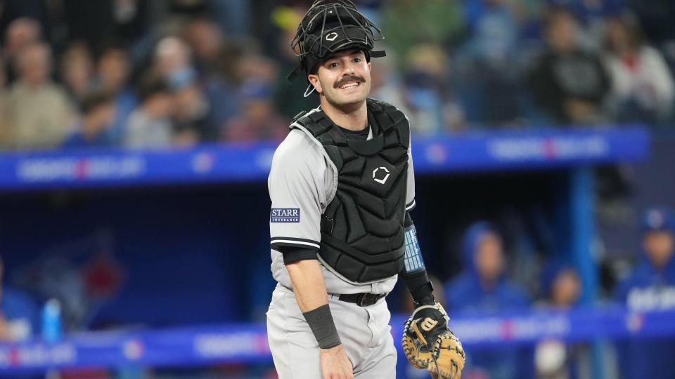 Sep 26, 2023; Toronto, Ontario, CAN; New York Yankees catcher Austin Wells (88) gets ready for the ninth inning against the Toronto Blue Jays at Rogers Centre.
