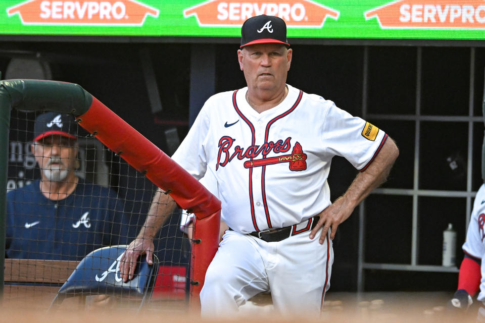 Braves manager Brian Snitker OK after taking Ozzie Albies foul ball to the groin