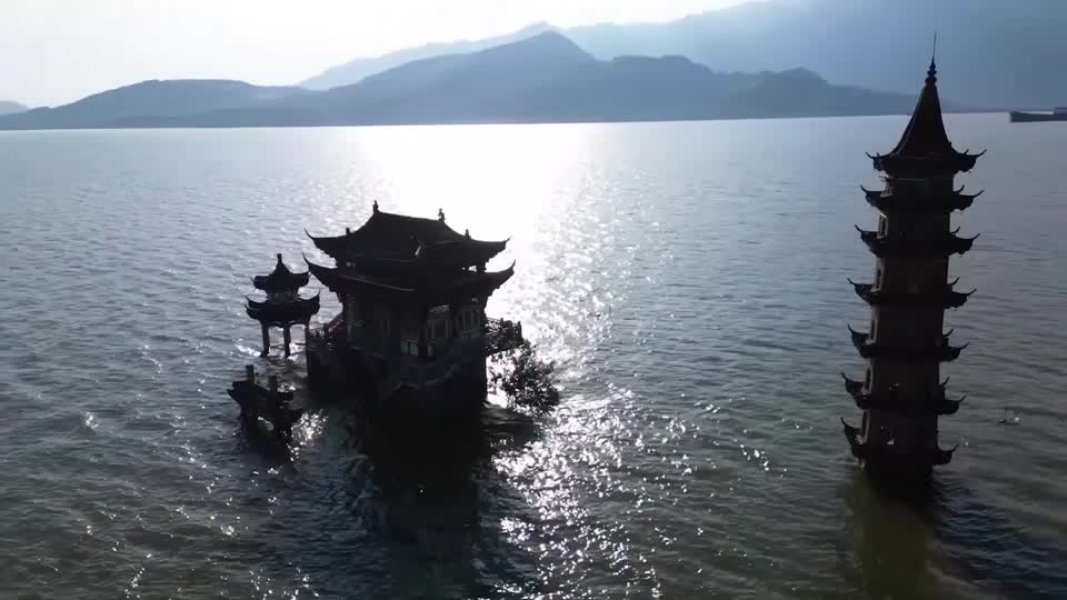 Drone footage shows Chinese temple partially submerged