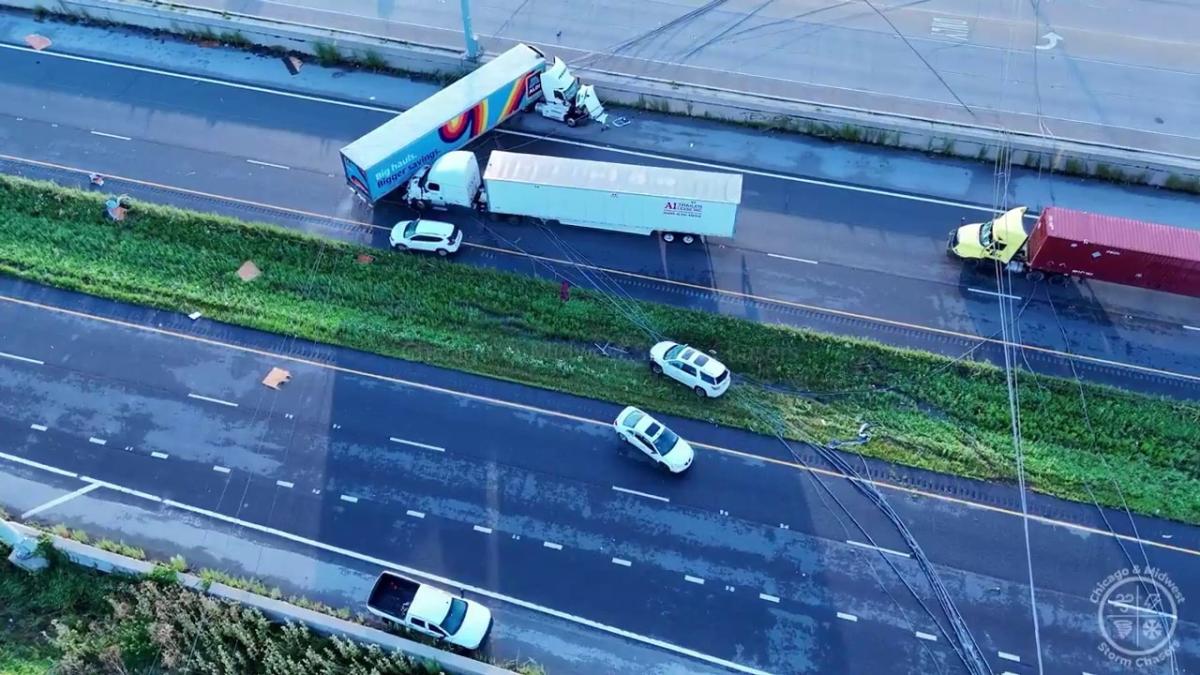 Drone video: Derecho event leaves mess across I-55 outside of Chicago