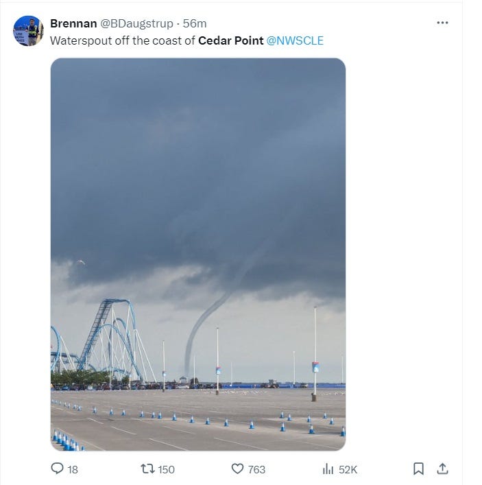 Giant waterspout spotted Thursday morning over Lake Erie just off shore of Cedar Point