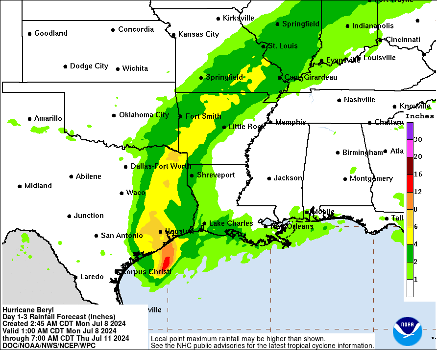 Hurricane Beryl to bring heavy rainfall as it moves inland from Texas. See forecast on map