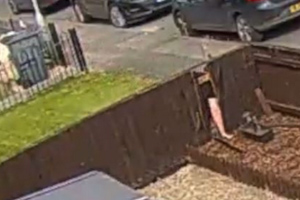 Moment gardener smashes through neighbour’s fence while mowing lawn