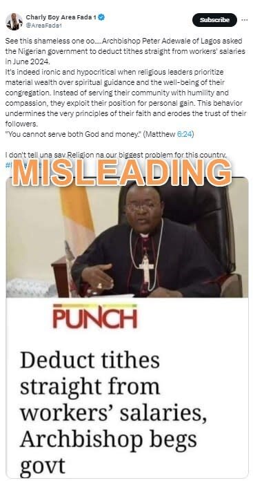 Nigerian archbishop did not ask government to deduct tithes from workers’ salaries