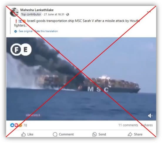 Old video of Sri Lanka cargo ship fire falsely linked to Huthi attack