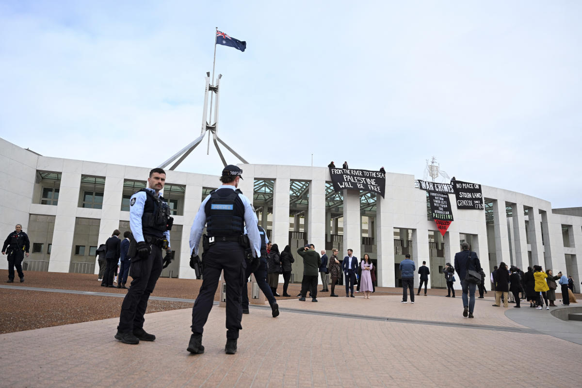 Pro-Palestinian protesters breach security at Australia’s Parliament House to unfurl banners