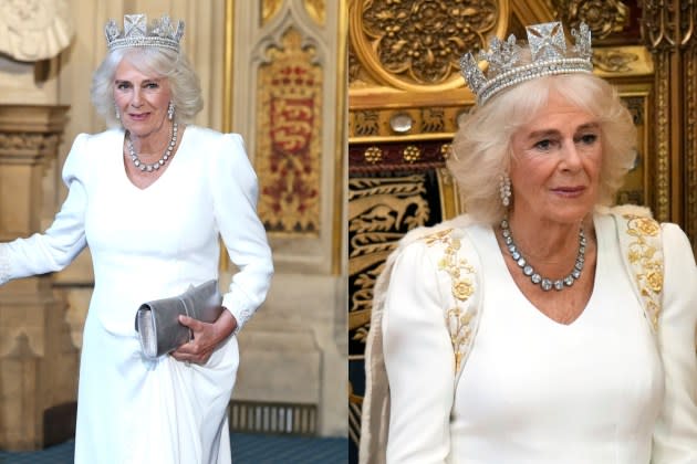 Queen Camilla Embraces Statement Shoulders in Fiona Clare Gown With Crown From Queen Elizabeth II’s Collection for State Opening of Parliament Alongside King Charles III