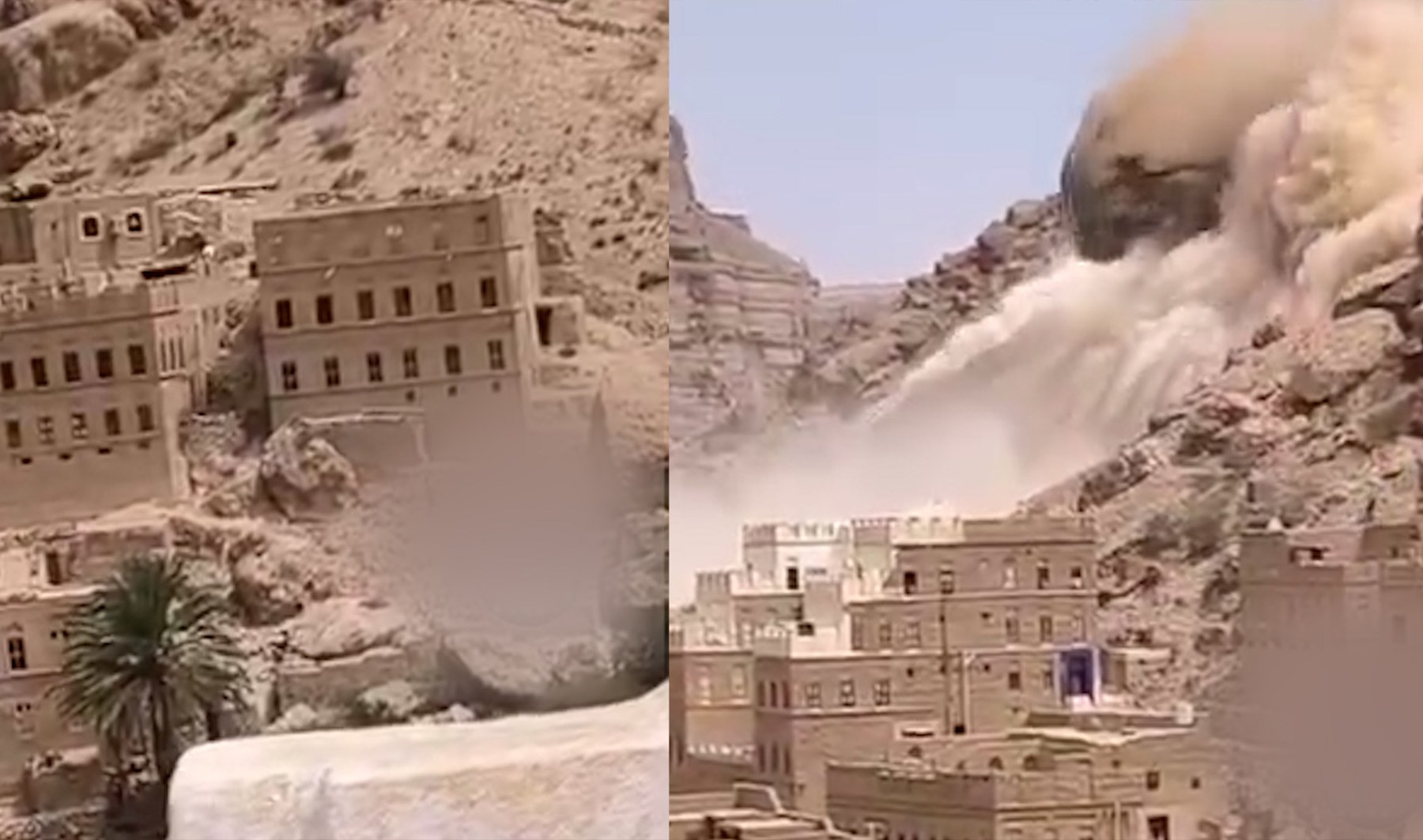 Video: Yemen rockslide narrowly misses houses