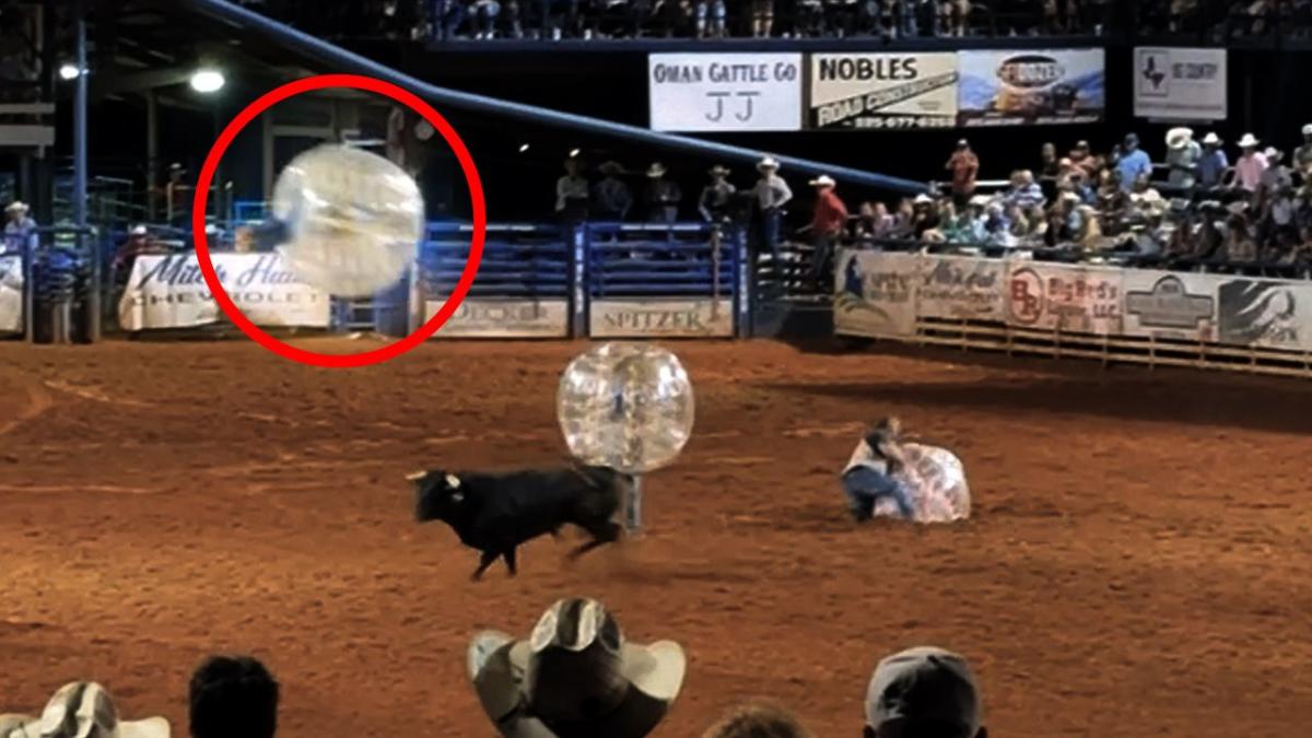 Woman in bubble suit sent flying by charging bull