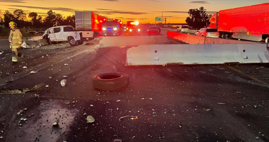 Crash sends concrete pillars onto roadway, shuts down 99 for several hours