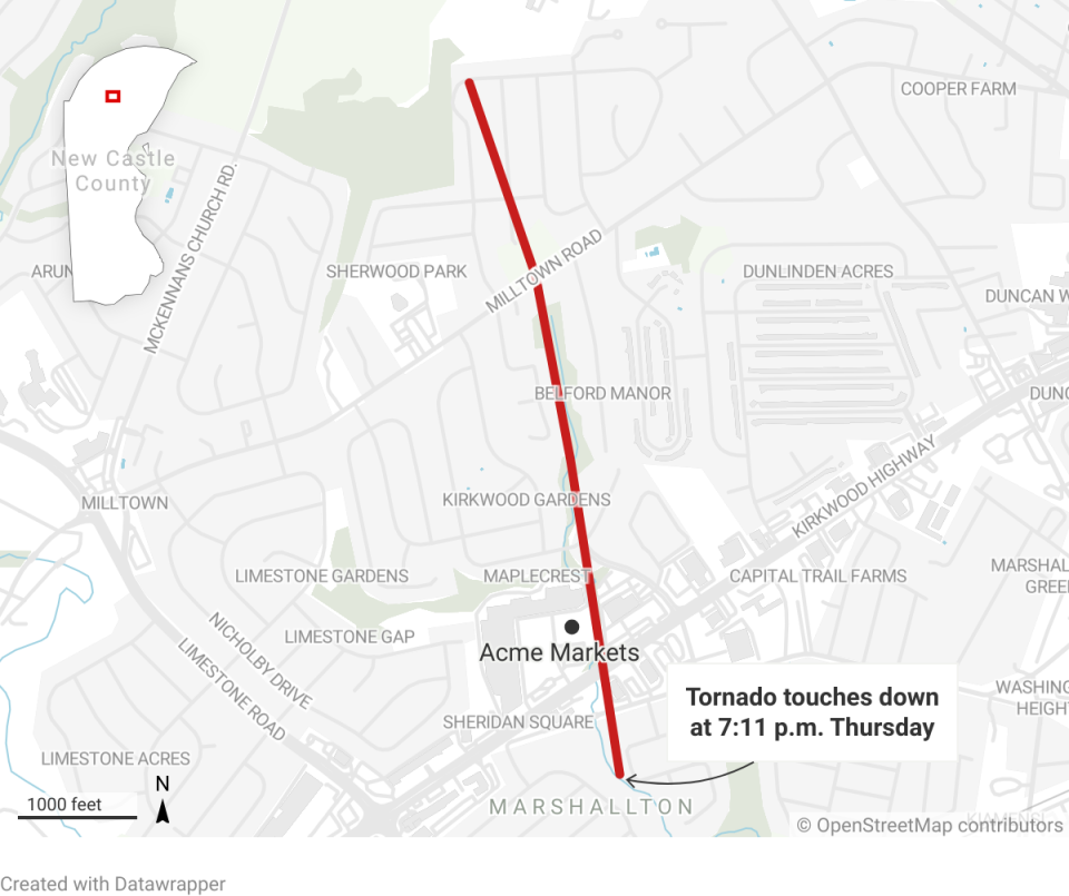 Delaware tornado delivered peak wind at 95 mph, damage in its 1-mile path. How big was it?