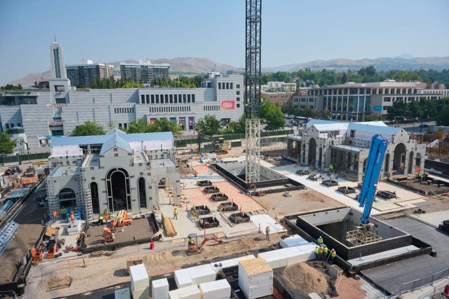 Salt Lake Temple towers loaded on new seismic foundation as renovations continue