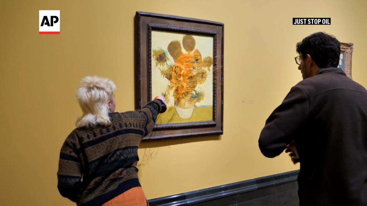 Climate activists throw soup at Van Gogh’s Sunflowers again at London gallery