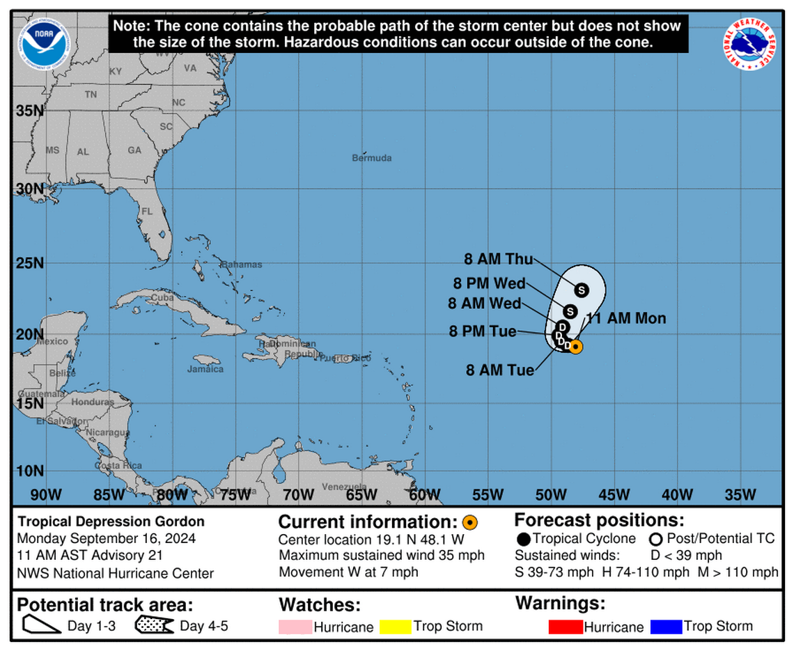 Latest update from the National Hurricane Center on Tropical Depression Gordon for Monday, Sep 16