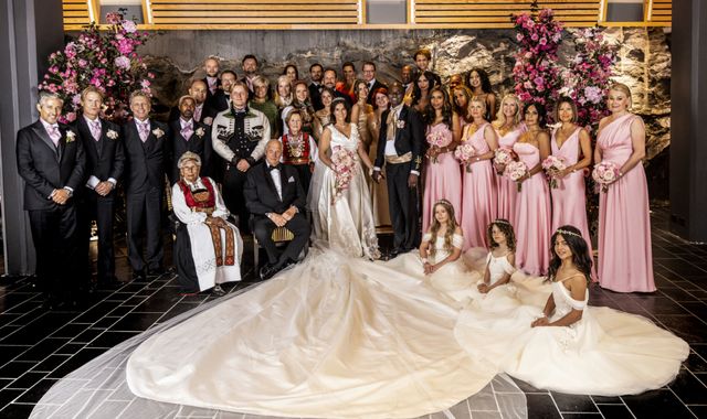 Norwegian royal family pose with Princess Martha Louise after she wed American shaman