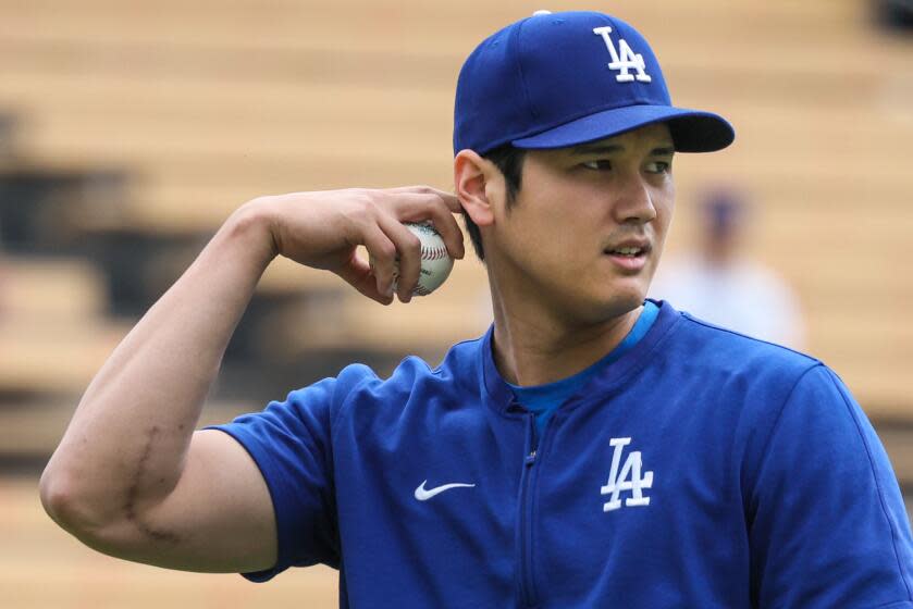 Plaschke: Shohei Ohtani could be Dodgers playoff relief pitching savior? Why not?