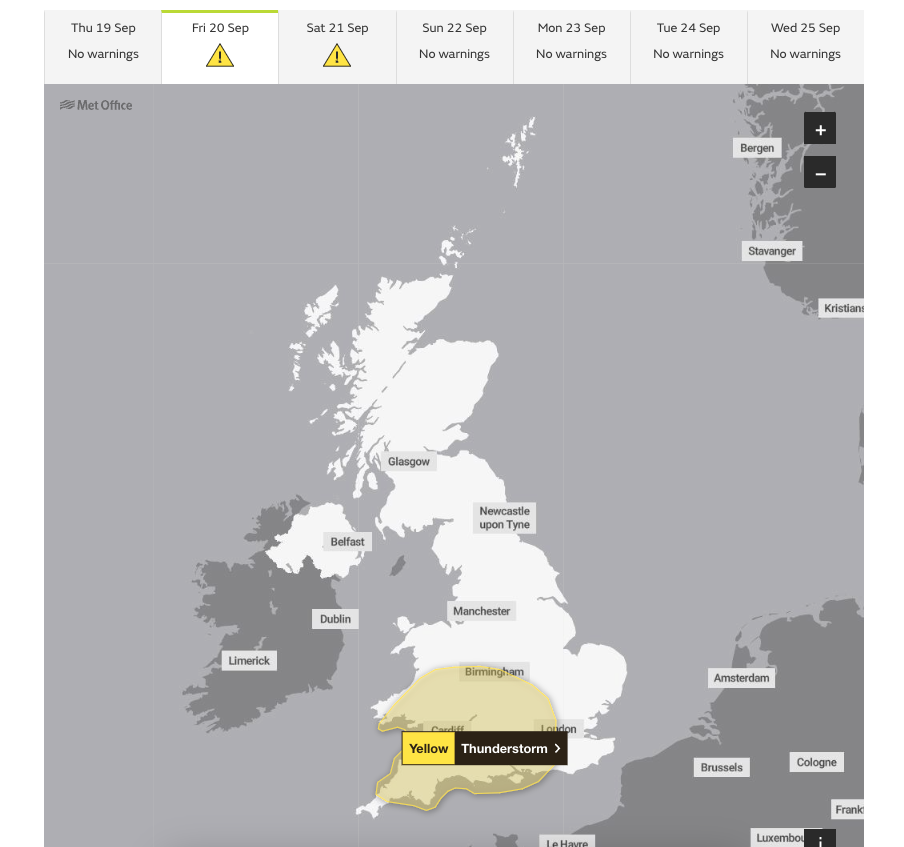 Thunderstorm warning map shows where downpours will hit this weekend