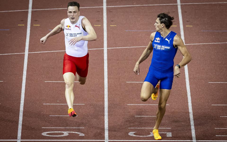 Watch: Pole vaulter Mondo Duplantis beats hurdler Karsten Warholm in 100m race – in 10.37sec