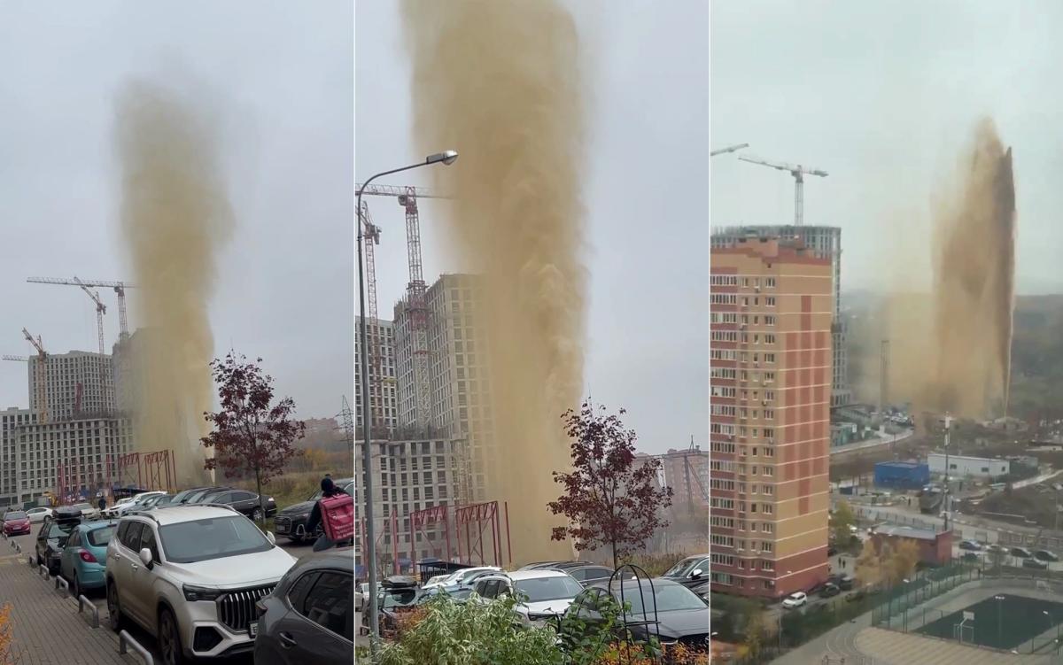 Watch: Burst ‘gas pipe’ sprays brown, dirty water over Moscow suburb