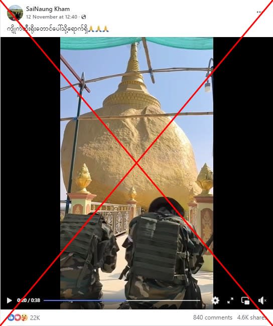 Clip shows Burmese resistance fighters praying at replica pagoda, not ‘arriving at Golden Rock shrine’