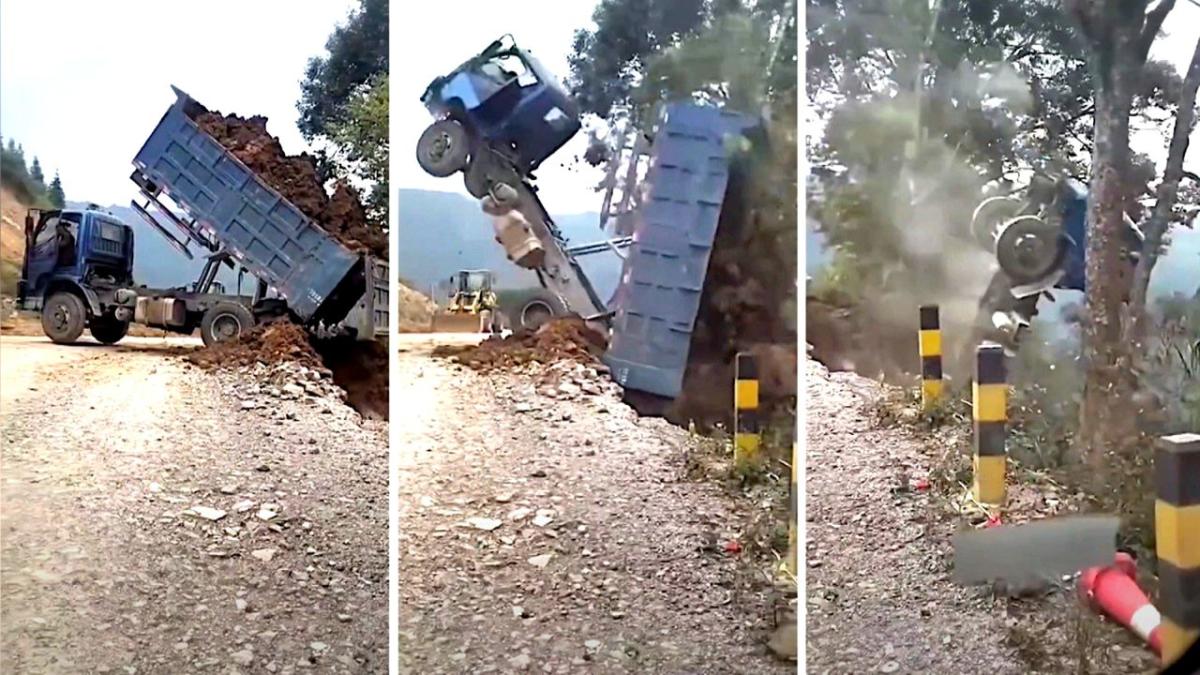 Driver wants to unload soil – truck plunges into ravine