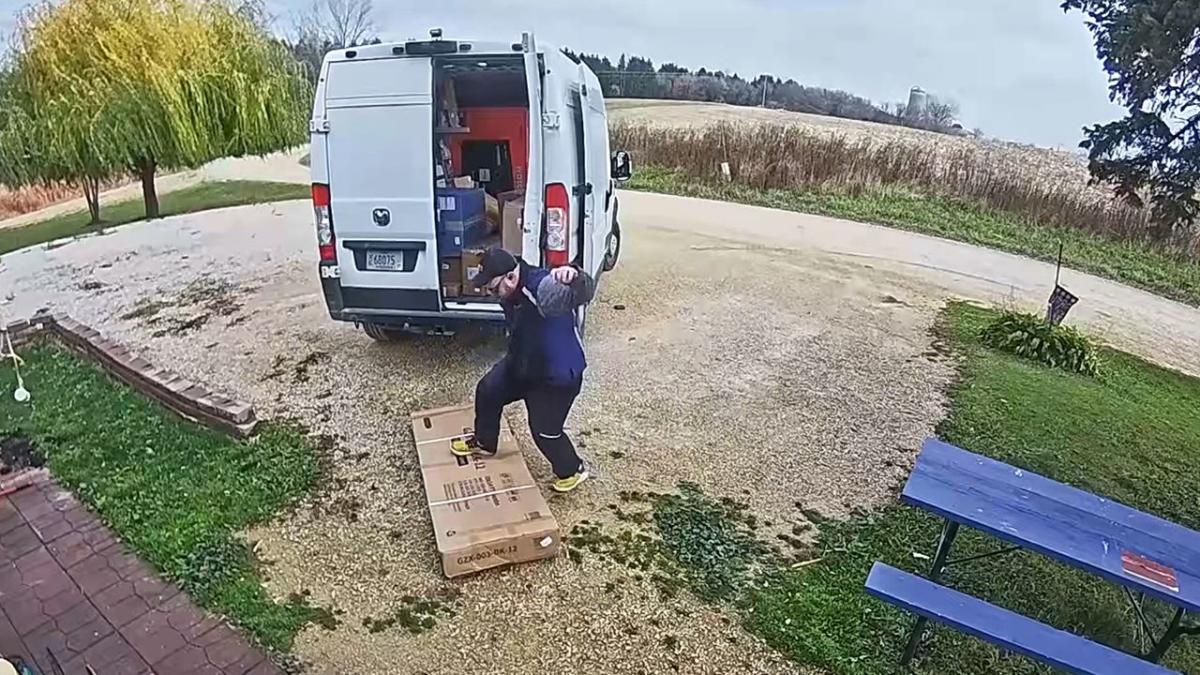 FedEx delivery driver smashes and kicks package