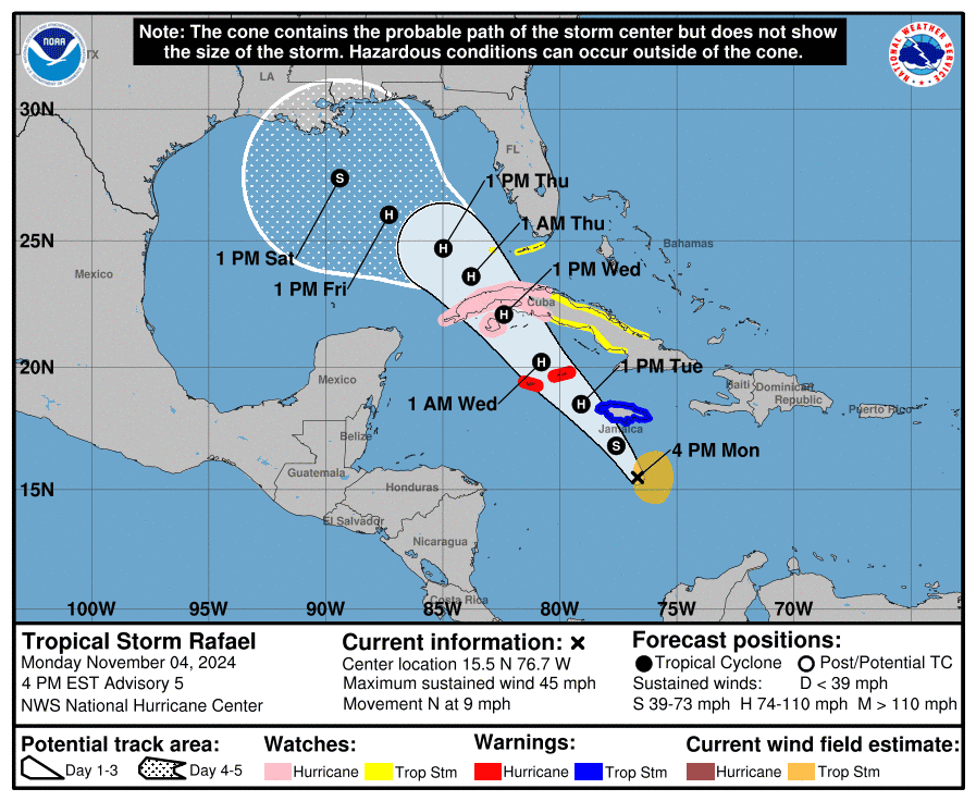 Florida begins issuing tropical storm watch as Tropical Storm Rafael forms in Caribbean