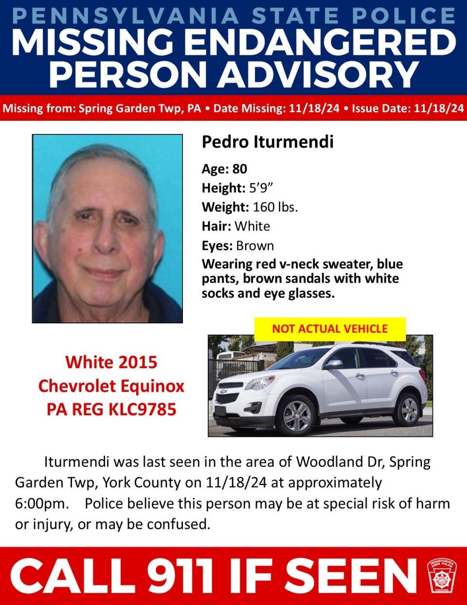 Police searching for 80-year-old man missing from Spring Garden Township: state police