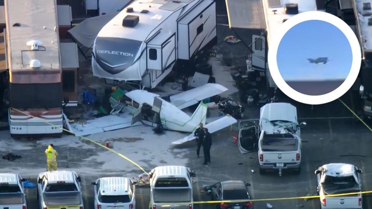 Small plane crashes into Pomona Fairplex in California during drag racing finals