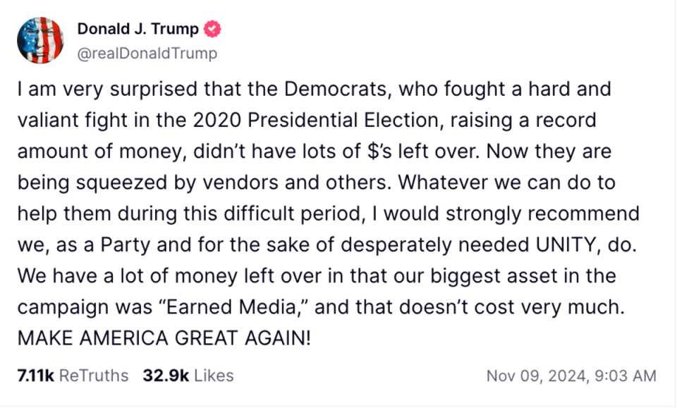 Trump trolls Harris by claiming he wants to ‘help’ with campaign debts after she blew through bn and still lost