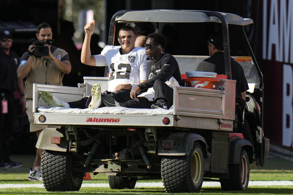 Aidan O’Connell carted off with air cast after late shove in the back by Calijah Kancey injures Raiders QB