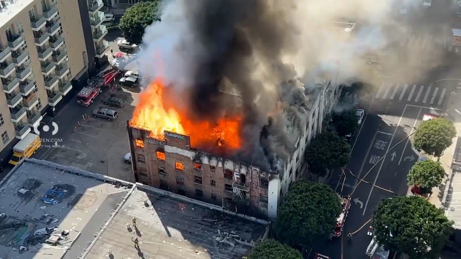 Homeless flee structure fire at historic downtown Los Angeles hotel