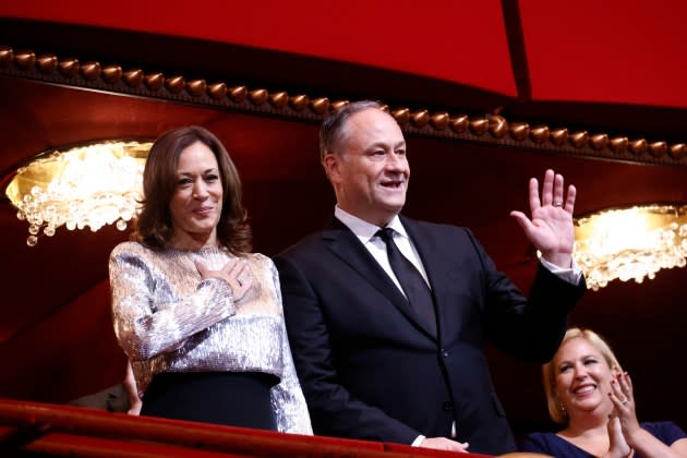 Kamala Harris Shines in Metallic Bodice Dress at 2024 Kennedy Center Honors With Doug Emhoff