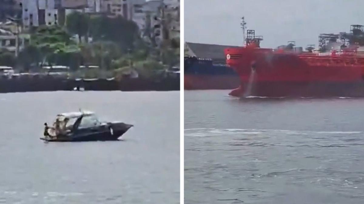 Mother and daughter jump from speedboat to escape crash with container ship