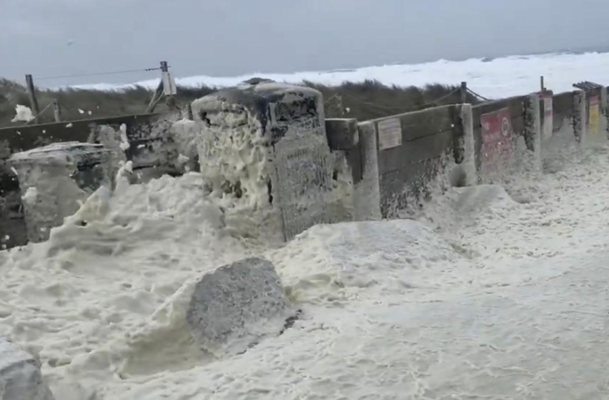 Wild Scene at Cornish Beach as Darragh Winds Whip Up Sea Foam