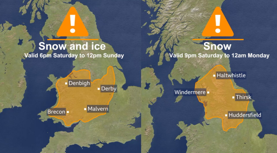 Amber warnings for snow with ‘hazardous’ travel conditions