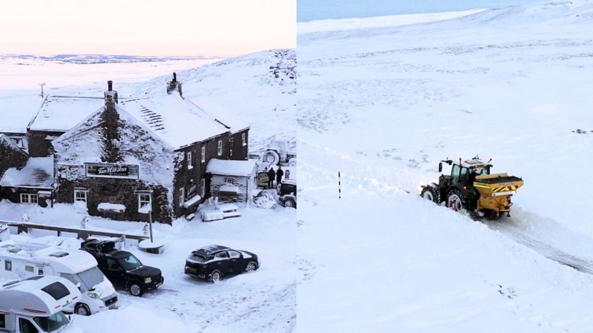 Farmer with snowplough rescues guests trapped in Britain’s highest pub