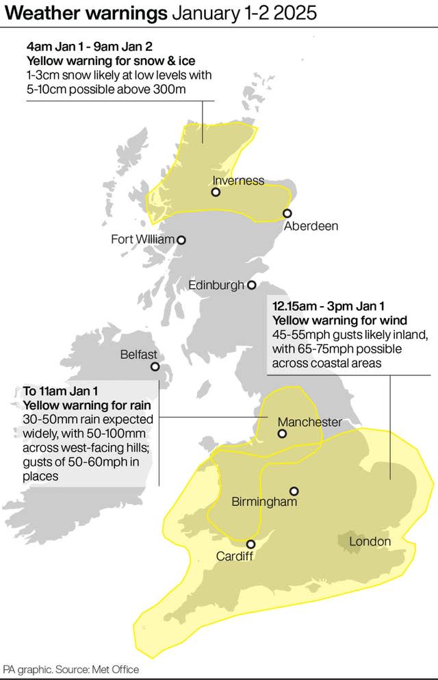 Heavy rain to lash parts of UK to kick off 2025 as New Year fireworks axed