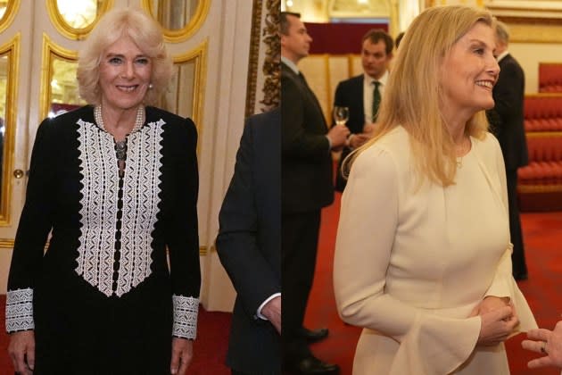 Queen Camilla Favors Black and White in Fiona Clare Midi Dress While Duchess Sophie Rewears Beulah London for Buckingham Palace Reception