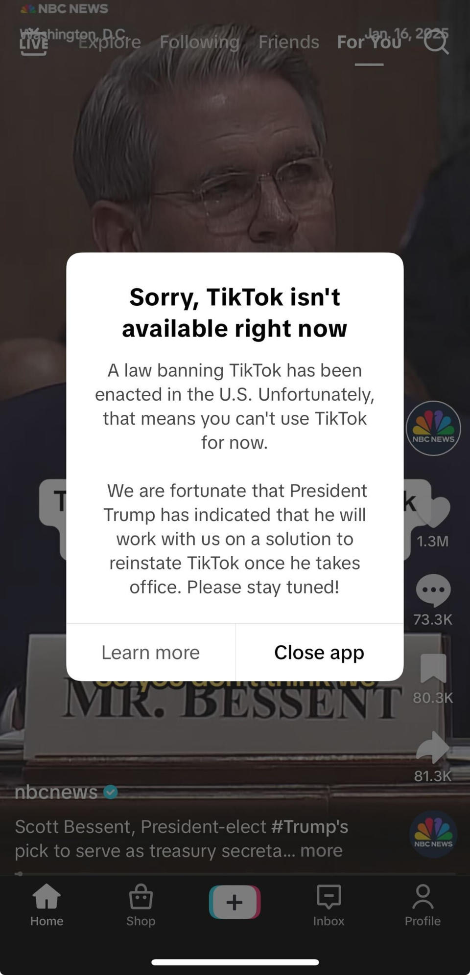 TikTok makes app unavailable for U.S. users ahead of ban