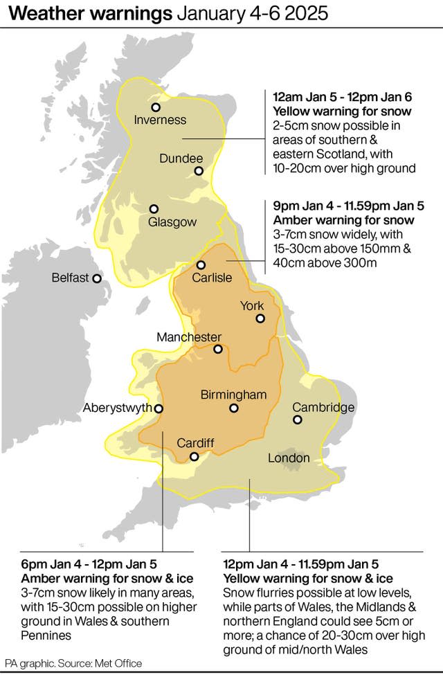 UK braced for heavy snow and freezing rain amid amber weather warnings