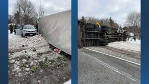 Major traffic delays after box truck carrying produce rolls over on I-93 in Woburn