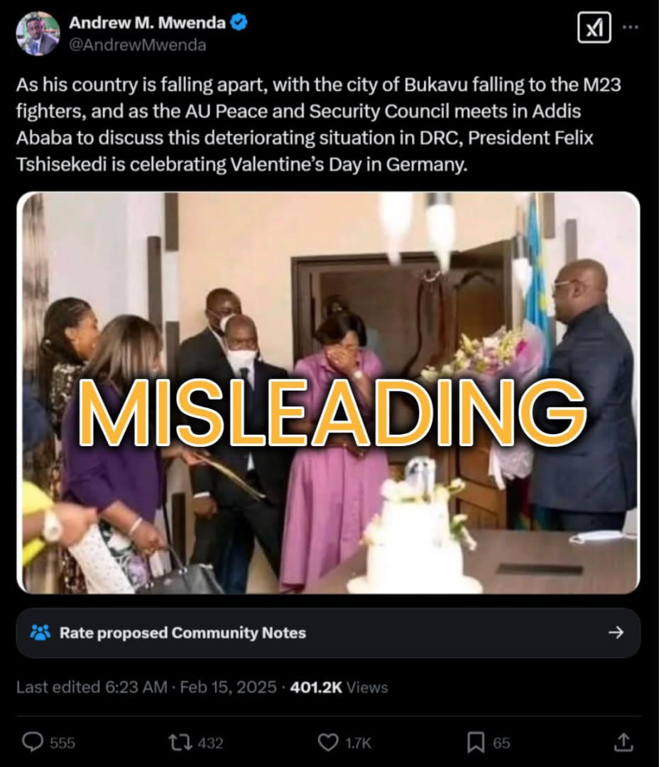 Post falsely claims to show DRC leader celebrating Valentine’s Day in Germany while conflict rages at home