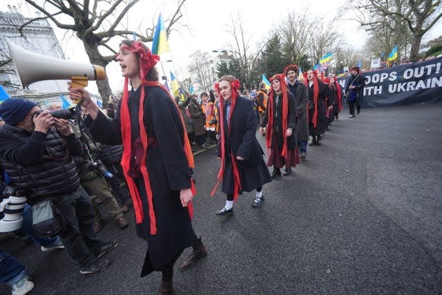 Protesters say ‘don’t betray Ukraine’ as thousands march on Russian embassy